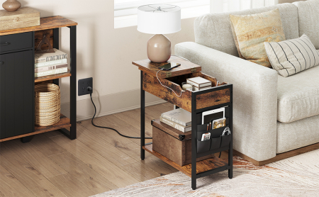 VASAGLE Masa laterala pliabila, tip noptiera, cu prize si porturi USB, raft si geanta din textil, 60x32x60 cm, maro rustic [8]