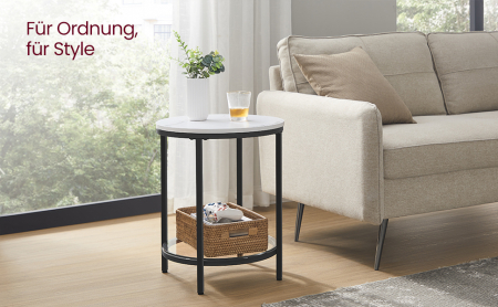 VASAGLE Masa rotunda, cu cadru de otel, noptiera, 45x55cm, negru cu blat alb aspect marmura [9]