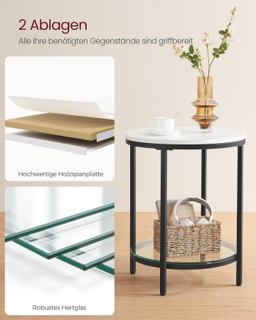 VASAGLE Masa rotunda, cu cadru de otel, noptiera, 45x55cm, negru cu blat alb aspect marmura [4]