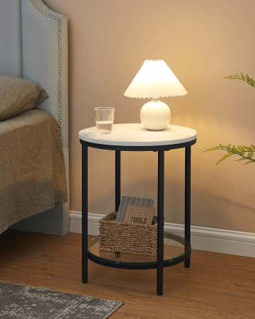 VASAGLE Masa rotunda, cu cadru de otel, noptiera, 45x55cm, negru cu blat alb aspect marmura [6]