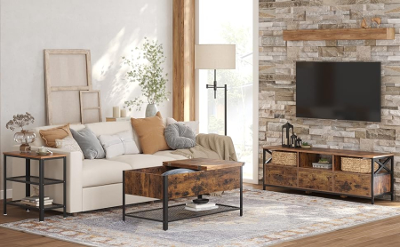 VASAGLE Masuta de cafea cu capac rabatabil, compartiment depozitare ascuns si raft plasa, industrial, 100x55x47cm, maro rustic si negru [10]