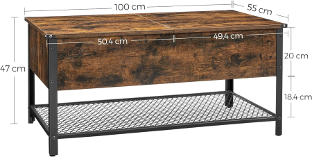 VASAGLE Masuta de cafea cu capac rabatabil, compartiment depozitare ascuns si raft plasa, industrial, 100x55x47cm, maro rustic si negru [2]