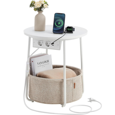 Mese cafea si decorative - VASAGLE Masuta de cafea rotunda cu cos de stofa, statie de incarcare 2 prize si 2 USB, 45x50cm, alb