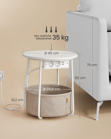 VASAGLE Masuta de cafea rotunda cu cos de stofa, statie de incarcare 2 prize si 2 USB, 45x50cm, alb [2]