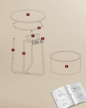 VASAGLE Masuta de cafea rotunda cu cos de stofa, statie de incarcare 2 prize si 2 USB, 45x50cm, alb [6]