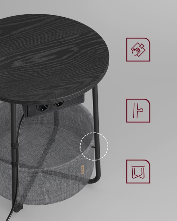 VASAGLE Masuta de cafea rotunda cu cos de stofa, statie de incarcare 2 prize si 2 USB, 45x50cm, negru [8]