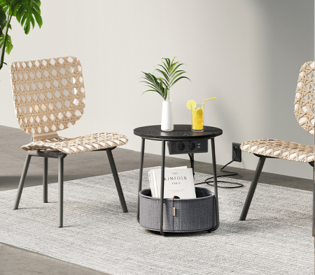 VASAGLE Masuta de cafea rotunda cu cos de stofa, statie de incarcare 2 prize si 2 USB, 45x50cm, negru [10]