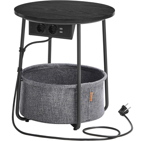 Mese cafea si decorative - VASAGLE Masuta de cafea rotunda cu cos de stofa, statie de incarcare 2 prize si 2 USB, 45x50cm, negru