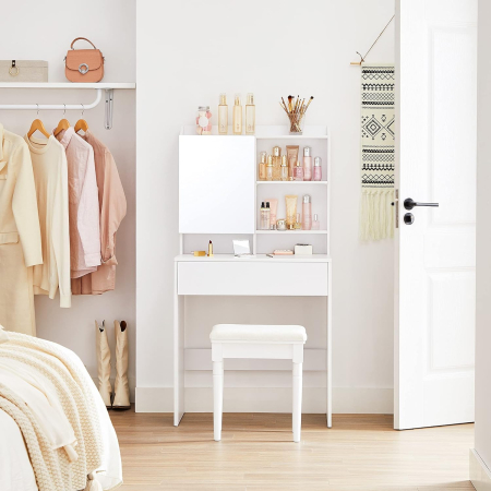 VASAGLE  Masuta de toaleta cu oglinda, rafturi reglabile si sertar pentru cosmetice, 70x40x136cm, alb [1]