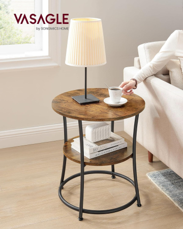 VASAGLE Masuta laterala rotunda, tip noptiera, cu 2 rafturi, cadru de otel, 55x55cm, maro rustic [1]