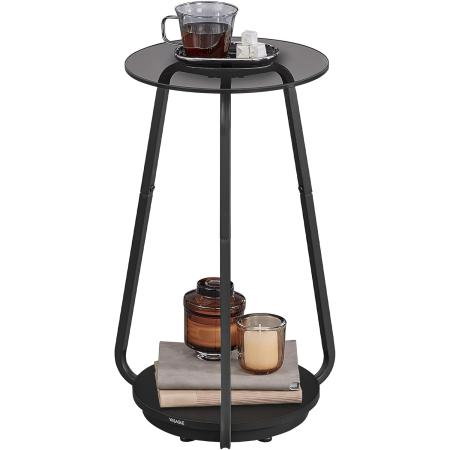 VASAGLE Masuta rotunda tip noptiera, blat din sticla si raft inferior din PAL, cadru metalic, 30x30x55 cm, negru [5]