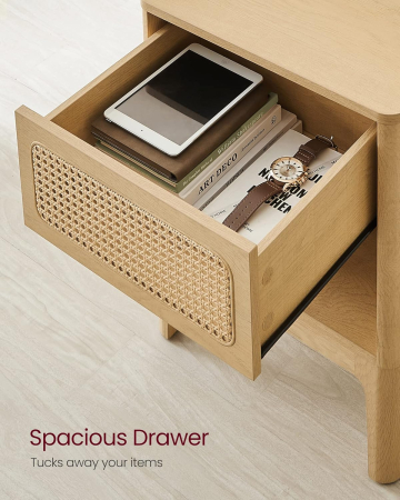 VASAGLE Noptiera 45x40x60 cm, cu sertar aspect ratan si raft, stil boho, PAL si MDF, natur [6]