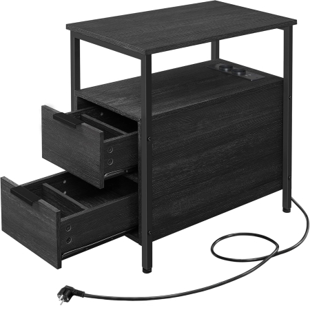 Dormitor - VASAGLE Noptiera 60x35x61 cm, cu 2 sertare, rafturi si priza incorporata, PAL si otel, gri antracit si negru