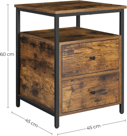 VASAGLE Noptiera cu compartiment deschis, 2 sertare, stil industrial, 45x45x60cm, maro rustic si negru [2]
