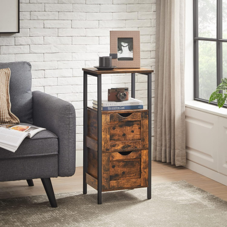 VASAGLE Noptiera inalta, din MDF, cu 2 sertare reglabile, 37x30x80 cm, maro rustic [3]