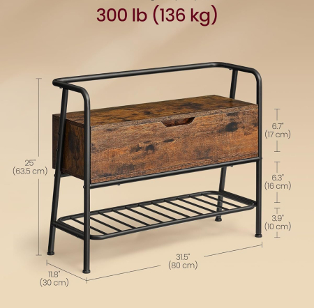 VASAGLE Pantofar cu banca de depozitare, raft si sertar, stil industrial, 30x80x64 cm, maro rustic [4]