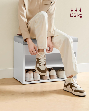VASAGLE Pantofar cu bancheta tapitata, 3 compartimente, PAL si sezut din PU, 60x30x44 cm, alb [2]