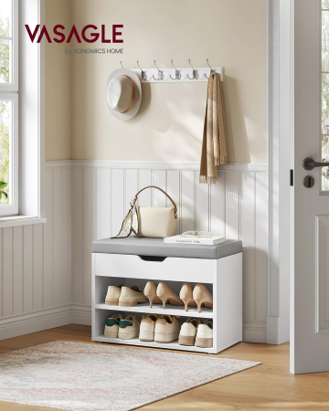 VASAGLE Pantofar cu bancheta tapitata, 3 compartimente, PAL si sezut din PU, 60x30x44 cm, alb [5]