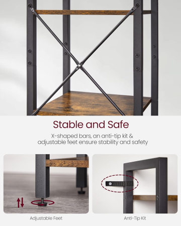 VASAGLE Raft cu 6 etaje, tip biblioteca, cadru metal si polite lemn, 30x40x187cm, industrial, maro rustic si negru [3]