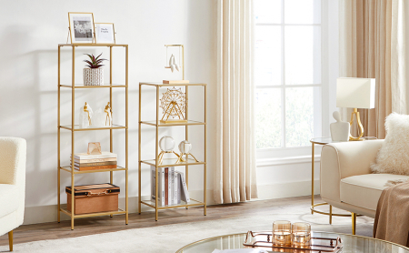 VASAGLE Raft cu trepte pentru dormitor, 5 etaje, din sticla securizata, cadru din otel, 30x124x40cm, auriu [8]