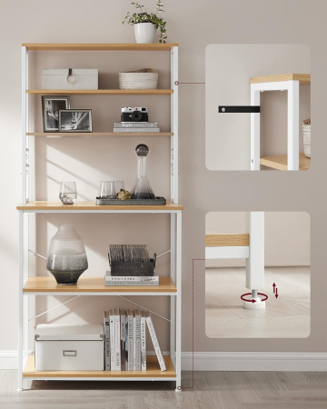 VASAGLE Raft de bucatarie cu spatiu pentru cuptorul cu microunde, 6 rafturi, otel, industrial, 40x80x167cm, maro stejar si alb [8]