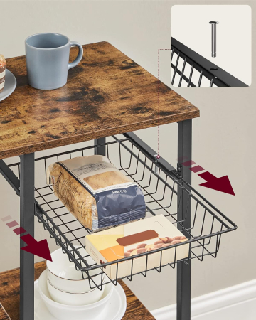 VASAGLE Raft de bucatarie, suport pentru cuptorul cu microunde, cos de sarma, 6 carlige S, 39x90x132cm, maro rustic [6]