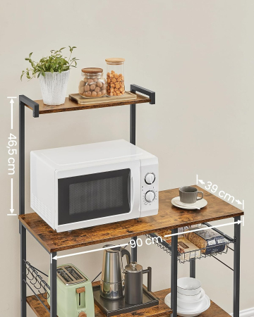 VASAGLE Raft de bucatarie, suport pentru cuptorul cu microunde, cos de sarma, 6 carlige S, 39x90x132cm, maro rustic [4]