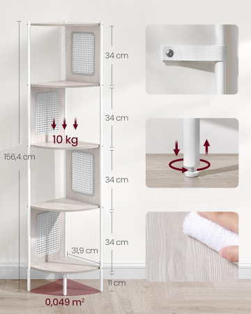 VASAGLE Raft de colt boho, cadru metalic, polite MDF si panouri poliratan, 32x32x156cm, alb [2]