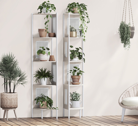 VASAGLE Raft de colt boho, cadru metalic, polite MDF si panouri poliratan, 32x32x156cm, alb [8]