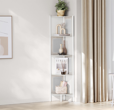 VASAGLE Raft de colt boho, cadru metalic, polite MDF si panouri poliratan, 32x32x156cm, alb [6]