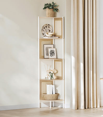 VASAGLE Raft de colt boho, cadru metalic, polite MDF si panouri poliratan, 32x32x156cm, bej [6]