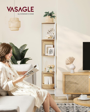 VASAGLE Raft de colt boho, cadru metalic, polite MDF si panouri poliratan, 32x32x156cm, bej [1]