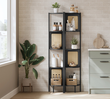 VASAGLE Raft de colt boho, cadru metalic, polite MDF si panouri poliratan, 32x32x156cm, negru [7]