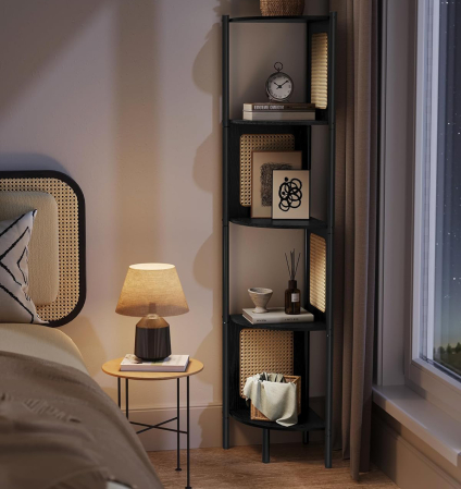 VASAGLE Raft de colt boho, cadru metalic, polite MDF si panouri poliratan, 32x32x156cm, negru [3]