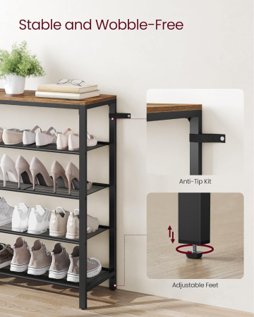 VASAGLE Raft de pantofi, cu 4 rafturi din plasa, cadru din otel, industrial, 30x100x92cm, maro rustic si negru [2]