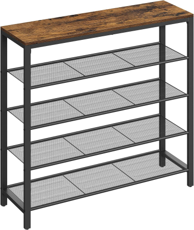 VASAGLE Raft de pantofi, cu 4 rafturi din plasa, cadru din otel, industrial, 30x100x92cm, maro rustic si negru [6]