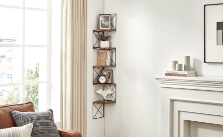 VASAGLE Raft de perete pentru colt, cadru otel cu 5 etaje din MDF, 20x20x128cm, maro rustic si negru [8]