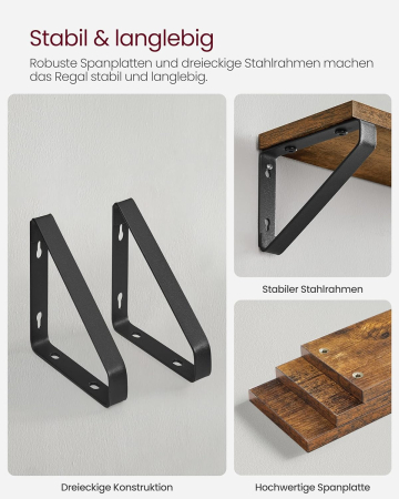 VASAGLE Raft de perete, set 3 bucati 30cm, 35cm si 40cm, 2 moduri de montare, maro rustic si negru [3]