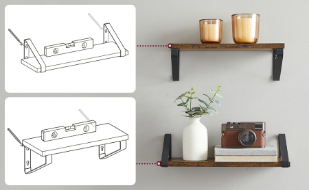 VASAGLE Raft de perete, set 3 bucati 30cm, 35cm si 40cm, 2 moduri de montare, maro rustic si negru [9]