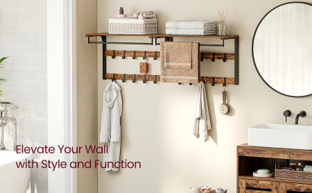 VASAGLE Raft de perete tip cuier, 10 carlige detasabile, sina pentru haine, 30x65x42cm, maro rustic si negru [8]