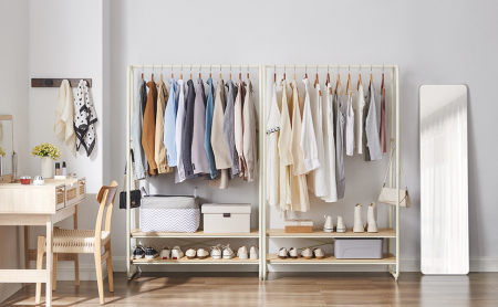 VASAGLE Raft pentru haine cu suport pentru pantofi, 2 polite, 6 carlige laterale, 45x100x160cm, alb-crem [1]