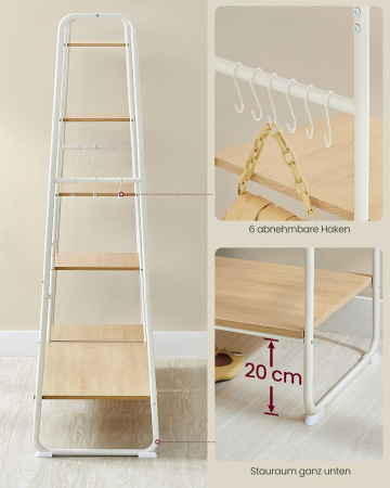 VASAGLE Raft pentru haine cu suport pentru pantofi, 5 polite, 6 carlige laterale, 45x120x160cm, alb [6]