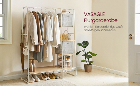 VASAGLE Raft pentru haine cu suport pentru pantofi, 5 polite, 6 carlige laterale, 45x120x160cm, alb [7]