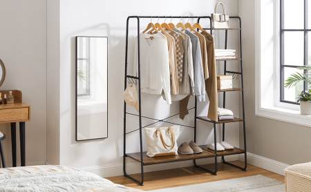 VASAGLE Raft pentru haine cu suport pentru pantofi, 5 polite, 6 carlige laterale, 45x120x160cm, maro rustic si negru [9]