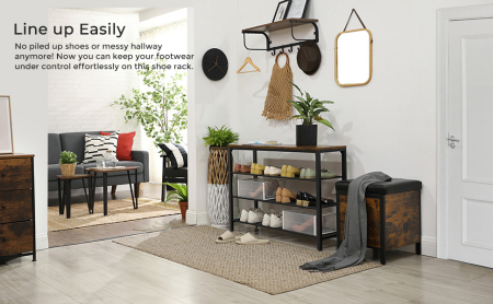 VASAGLE Raft pentru pantofi cu 3 polite, 100x30x72cm, otel, stil industrial, maro rustic si negru [7]