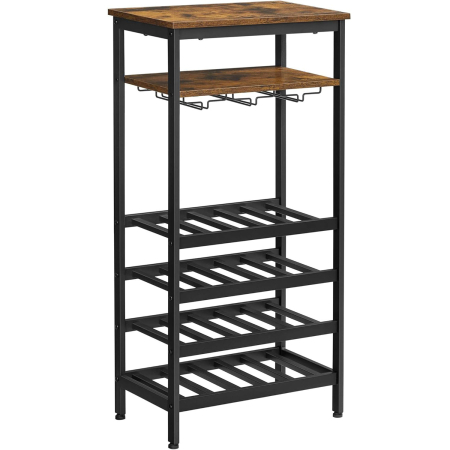 Mobilier bucatarie - VASAGLE Raft pentru vinuri, capacitate 20 de sticle, cu suport pentru pahare, stil industrial, 50x32x100cm, maro rustic si negru
