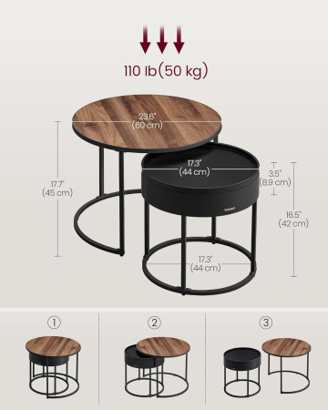 VASAGLE Set 2 masute cafea, cu blat detasabil si spatiu de depozitare ascuns, 45x45x42 cm, culoare nuc [1]