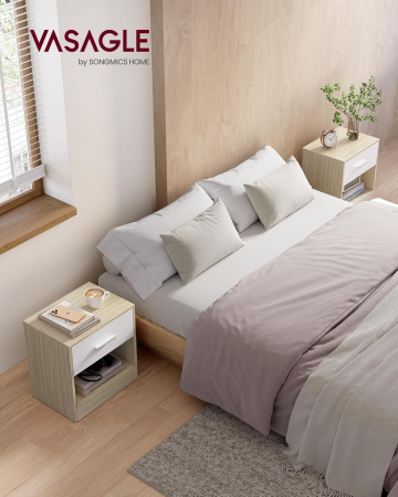 VASAGLE Set 2 noptiere 39x28x41 cm, cu sertar si compartiment deschis, PAL bej natur si alb [1]