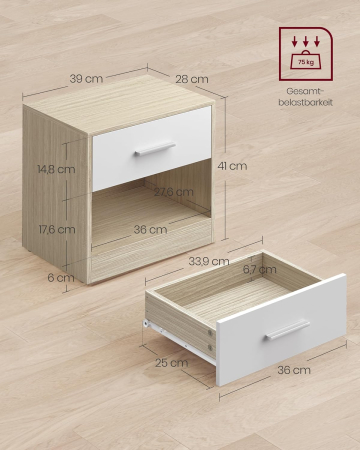 VASAGLE Set 2 noptiere 39x28x41 cm, cu sertar si compartiment deschis, PAL bej natur si alb [2]