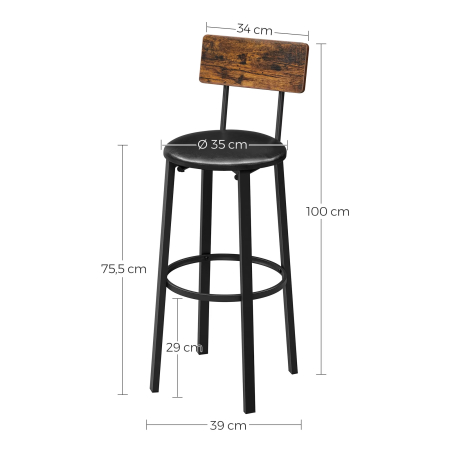 VASAGLE Set 2 scaune de bar cu spatar din PAL, sezut moale tapitat, 39x100x76cm, maro rustic si negru [4]